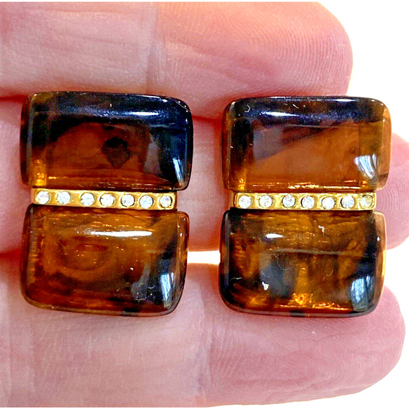 Clip On Earrings Faux Tortoise Shell & White Rhinestone Classics Career Jewelry - Picture 6 of 6
